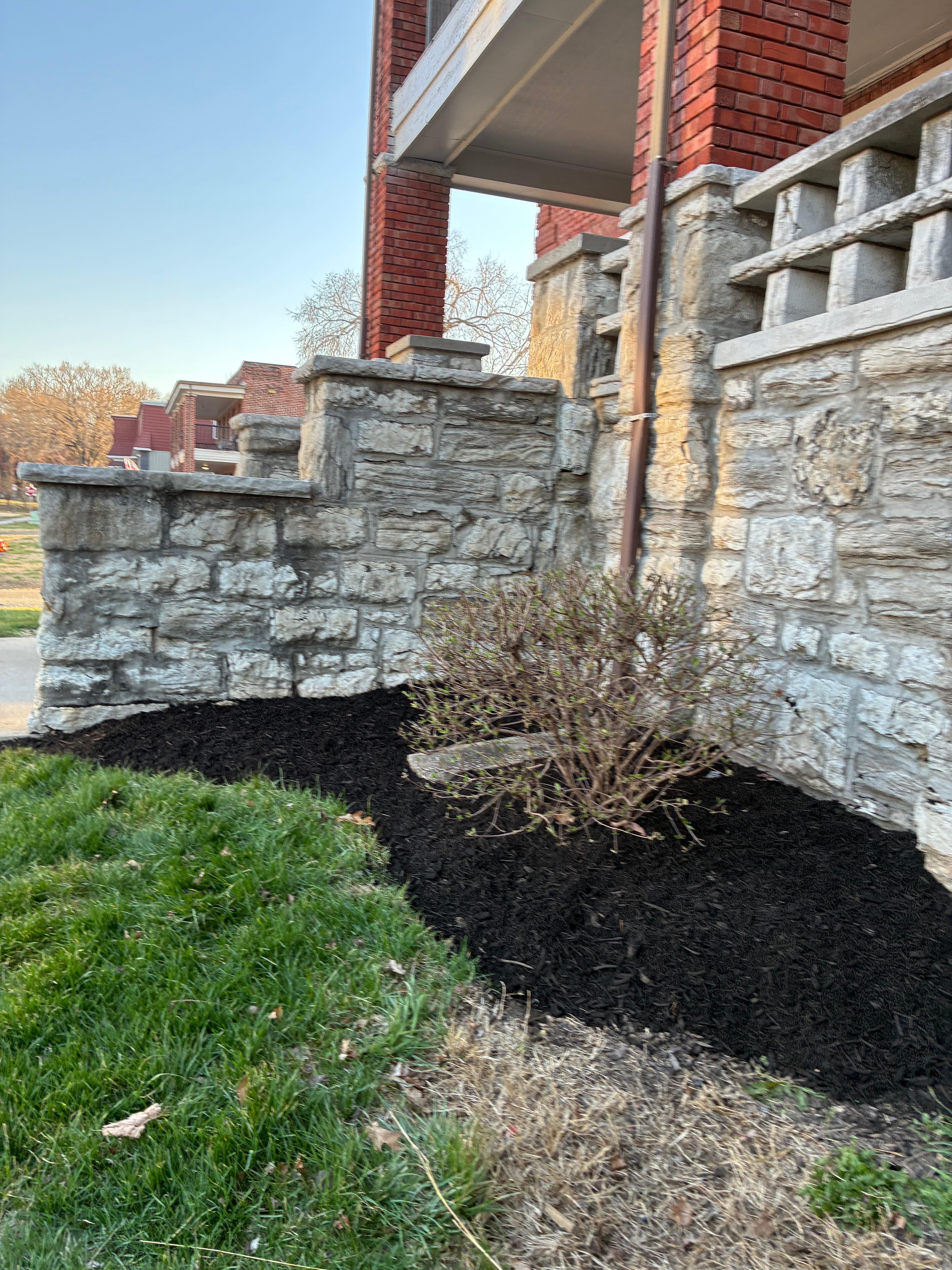 Mulch along stone foundation