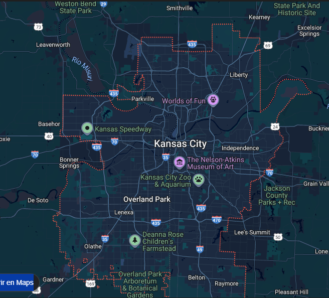 W Tree Services coverage area map showing Kansas City metropolitan area